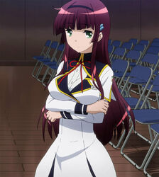  akane_academy_school_uniform anime_screenshot auditorium chair female folding_chair green_eyes highres long_hair photoshop_(medium) school_uniform seiken_tsukai_no_world_break solo urushibara_shizuno 