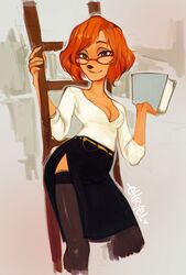  abstract_background anthro blue_eyes book bottomwear breasts canid canine clothed clothing disney ehryel eyewear female front_view fully_clothed glasses goof_troop hair half-closed_eyes happy holding_book holding_object humanoid_hands ladder legwear looking_at_viewer mammal narrowed_eyes red_hair shirt skirt smile solo standing stockings sylvia_marpole thigh_highs topwear 