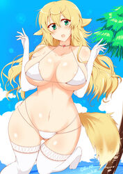  animal_ears beach bikini blonde_hair breasts choker curvy elbow_gloves female female fox_ears fox_tail gloves green_eyes highres kaori_(angelo) large_breasts long_hair navel ocean open_mouth original solo standing string_bikini summer swimsuit tail thigh_gap thighhighs wedge white_bikini white_legwear white_swimsuit white_thighhighs wide_hips 