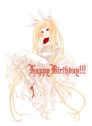  alternate_costume blazblue blonde_hair cake collair_(cono) cross-laced_footwear dress female flat_chest flower food fork frilled_dress frills hair_ribbon happy_birthday lace-up_heels long_hair rachel_alucard red_eyes red_flower red_rose ribbon rose sitting solo twintails very_long_hair white_dress 