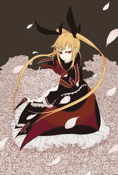  blazblue blonde_hair bouquet capelet collair_(cono) dress eyelashes female field flower flower_field gothic_lolita hair_ribbon lolita_fashion long_hair petals rachel_alucard red_eyes ribbon rose solo twintails 