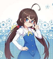  ahoge bespectacled blue_eyes brown_hair closed_mouth commentary_request dress female floral_background glasses hand_on_own_hip head_tilt highres hinatsuru_ai long_hair long_sleeves looking_at_viewer low_twintails muji_(majunduo) photoshop_(medium) puffy_short_sleeves puffy_sleeves red-framed_eyewear ryuuou_no_oshigoto! school_uniform short_sleeves smile solo sparkle twintails v-shaped_eyebrows very_long_hair 