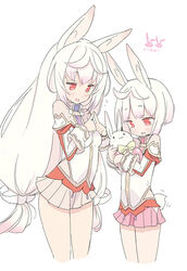  2girls animal_ears blade_(galaxist) blush commentary_request eyebrows flat_chest gradient_hair kirara_ookami lolicon long_hair low-tied_long_hair multicolored_hair multiple_girls official_art open_mouth photoshop_(medium) pink_hair pop-up_story rabbit rabbit_ears rabbit_girl rabbit_tail red_eyes ruri_ookami school_uniform short_hair siblings simple_background sisters skirt smile st._feles_gakuen_uniform tail tears white_background white_hair 