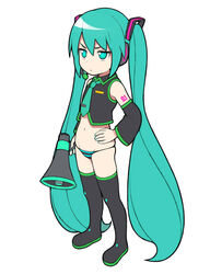  aqua_eyes aqua_hair bad_id bad_pixiv_id black_footwear boots commentary_request detached_sleeves female hand_on_own_hip hatsune_miku headset long_hair megaphone microphone nail_polish nnyu panties solo striped_clothes striped_panties thigh_boots thighhighs twintails underwear very_long_hair vocaloid 