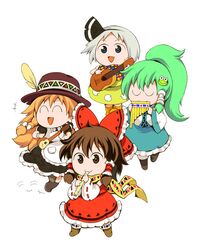  4girls :3 :d ^_^ alternate_hairstyle alternate_headwear apron blonde_hair blue_eyes bow braid brown_eyes brown_hair chibi closed_eyes commentary_request detached_sleeves flute frog_hair_ornament green_hair guitar hair_ornament hair_tubes hairband hairbow hakurei_reimu hat hat_feather ichizen_(o_tori) instrument kirisame_marisa kochiya_sanae konpaku_youmu long_hair multiple_girls open_mouth pan_flute ponytail recorder scarf short_hair side_braid single_braid smile touhou white_hair 