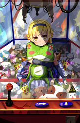  akatsukiame blonde_hair blue_dress blue_gloves commentary_request controller crane_game dress elbow_gloves female frilled_dress frills frown gloves hairband holding holding_stuffed_toy in_crane_game joystick long_hair monogatari_(series) oshino_shinobu photoshop_(medium) pointy_ears solo stuffed_animal stuffed_toy tsukimonogatari yellow_eyes 