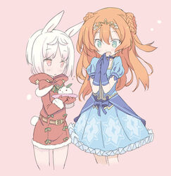  2girls alisa_kirsten animal_ears blade_(galaxist) blush commentary_request dress eyebrows flat_chest gloves gradient_hair green_eyes lolicon long_hair multicolored_hair multiple_girls official_art open_mouth orange_hair photoshop_(medium) pink_hair pop-up_story rabbit_ears rabbit_girl rabbit_tail red_eyes ruri_ookami short_hair smile snow_rabbit tail white_hair 