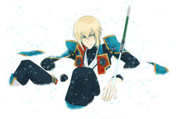  1boy blazblue blonde_hair collair_(cono) green_eyes jin_kisaragi male_focus military military_uniform partially_submerged snow solo sword uniform weapon yukianesa 