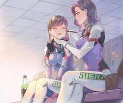  2girls applying_makeup bench blush bodysuit bottle breasts brown_hair closed_eyes commentary_request crossed_legs d.mon_(overwatch) d.va_(overwatch) earrings facepaint hand_on_another&#039;s_chin happy headphones highres jewelry lino_chang locker locker_room long_hair looking_at_another makeup marker medium_breasts meka_(overwatch) multiple_girls overwatch overwatch_1 photoshop_(medium) plugsuit purple_hair short_hair sitting smile soda soda_bottle 