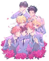  6+boys bad_id bad_pixiv_id black_hair blazer blonde_hair brothers brown_hair copyright_name female flower fujioka_haruhi glasses haninozuka_mitsukuni highres hitachiin_hikaru hitachiin_kaoru jacket male_harem morinozuka_takashi multiple_boys necktie ootori_kyouya open_collar orange_hair ouran_high_school_host_club ouran_high_school_uniform rose school_uniform short_hair siblings straight stuffed_animal stuffed_rabbit stuffed_toy suou_tamaki twins vivinos wing_collar 