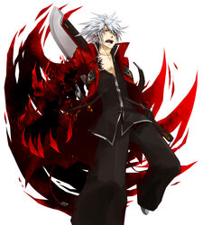  1boy black_pants blazblue claws collair_(cono) devoured_by_darkness grey_hair hair_over_one_eye hakama hakama_pants heterochromia huge_weapon jacket japanese_clothes left-handed male_focus open_clothes open_jacket open_mouth pants ragna_the_bloodedge red_eyes red_jacket reverse_grip solo sword weapon 