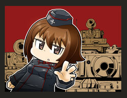  black_eyes brown_hair chibi commentary_request female girls_und_panzer hat kuromorimine_military_uniform military military_vehicle motor_vehicle nishizumi_maho red_background short_hair tank tiger_i yunaka_(259808) 