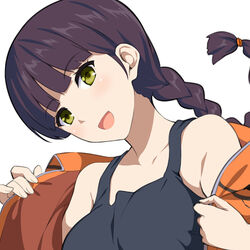  :d black_shirt braid breasts collarbone commentary_request female green_eyes hands_up huyumitsu jacket kakizaki_squad&#039;s_uniform long_hair looking_at_viewer medium_breasts open_mouth photoshop_(medium) removing_jacket shirt simple_background single_braid smile solo tank_top teruya_fumika upper_body white_background world_trigger 