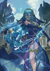  absurdres armor armpits azura_(fire_emblem) azura_(performing_arts)_(fire_emblem) bare_shoulders blue_bow blue_dress blue_gloves blue_hair bow breasts building closed_mouth commentary_request day dress elbow_gloves female fingerless_gloves fire_emblem fire_emblem_fates fire_emblem_heroes gloves green_eyes hair_between_eyes hair_tubes hairband highres hydrokinesis knight long_hair looking_at_viewer low-tied_long_hair mag_(huangmag) md5_mismatch medium_breasts outdoors outstretched_arms photoshop_(medium) purple_legwear see-through single_thighhigh smile solo_focus spread_arms thigh_strap thighhighs v-shaped_eyebrows veil very_long_hair water 