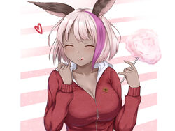  :q blush breasts chloe_(granblue_fantasy) closed_eyes closed_mouth collarbone commentary cotton_candy dark-skinned_female dark_skin english_commentary erune female food food_on_face granblue_fantasy heart highres holding holding_food hood hoodie large_breasts long_sleeves multicolored_hair purple_hair short_hair smile solo streaked_hair striped striped_background tongue tongue_out upper_body yua_(argaoffroad) 