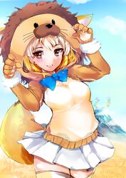  animal_ears animal_hands animal_hood blonde_hair blue_bow blue_bowtie blue_sky bow bowtie brown_eyes claw_pose cloud commentary_request cowboy_shot day extra_ears female fennec_(kemono_friends) fox_ears fox_tail gloves highres hood kemono_friends kemono_friends_pavilion kinou_no_shika lion_hood looking_at_viewer mountain outdoors paw_gloves playground_equipment_(kemono_friends_pavilion) pleated_skirt skirt sky smile solo tail thighhighs white_skirt 