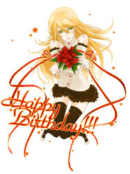  alternate_costume bare_shoulders black_thighhighs blazblue blonde_hair collair_(cono) detached_sleeves female flower frilled_skirt frills green_eyes happy_birthday long_hair miniskirt noel_vermillion poinsettia red_ribbon ribbon skirt smile solo thighhighs 