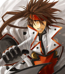  1boy black_gloves brown_hair collair_(cono) forehead_protector gloves guilty_gear headband long_hair male_focus order-sol ponytail popped_collar red_eyes reverse_grip sol_badguy solo spiked_hair sword uniform weapon 