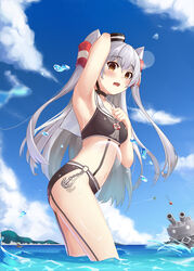  aircraft airplane amatsukaze_(kancolle) arm_up armpits blush breasts brown_eyes cloud commentary_request day female firing from_side grey_hair hair_between_eyes hair_tubes hat highres kantai_collection leaning_forward lens_flare mini_hat muji_(majunduo) oerba_yun_fang open_mouth outdoors photoshop_(medium) rensouhou-kun sailor_collar sky small_breasts smoke smokestack_hair_ornament standing swimsuit tilted_headwear two_side_up wading water water_drop 