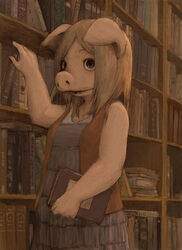  2009 5_fingers anthro anthrofied better_version_at_source book clothed clothing detailed_background domestic_pig female fingers hair holding_object kemono kunugi library looking_at_viewer mammal shelf solo standing suid suina sus_(pig) 