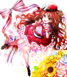  :d blue_flower bow brown_eyes brown_hair commentary_request dekitate_evo!_revo!_generation!_(idolmaster) dress_shirt female flower full_body hat idolmaster idolmaster_cinderella_girls kanola_u layered_skirt long_hair neck_ribbon one_side_up open_mouth photoshop_(medium) pink_flower red_hat red_ribbon red_skirt ribbon shimamura_uzuki shirt skirt smile solo striped striped_bow sunflower very_long_hair visor_cap white_shirt yellow_flower 