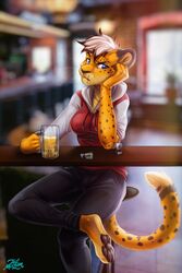  2018 2:3 5_fingers angel_eyes annoyed anthro bad_guy_cafe bar barefoot beverage biped black_pawpads blue_bottomwear blue_clothing blue_eyes blue_pants bottomwear breasts cheetah clothed clothing container cup detailed_background digital_media_(artwork) digitigrade drinking_glass feet felid feline female fingers front_view fur glass glass_container glass_cup hair hi_res hoodie inside mammal markings medium_breasts pants pawpads red_clothing red_hoodie red_topwear scar scar_on_face shot_glass sitting slim_anthro slim_female snout solo spots spotted_body spotted_fur stein topwear tril-mizzrim two_tone_hoodie white_clothing white_hair white_hoodie white_topwear wishbone_mouth yellow_body yellow_fur 