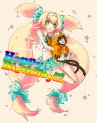  blazblue character_doll collair_(cono) doll female hair_ribbon happy_birthday jubei_(blazblue) long_hair low-tied_long_hair magical_girl midriff mini_wings navel platinum_the_trinity quad_tails ribbon skirt solo stuffed_animal stuffed_cat stuffed_toy symbol-shaped_pupils two_side_up very_long_hair wings 