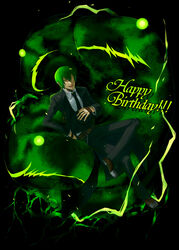  1boy ;p belt blazblue collair_(cono) crossed_legs fingerless_gloves formal gloves glowing glowing_eyes green_eyes green_hair happy_birthday hazama highres male_focus multiple_belts necktie no_headwear one_eye_closed ouroboros sitting solo suit tongue tongue_out yellow_eyes 