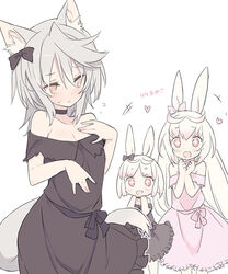  3girls animal_ear_fluff animal_ears blade_(galaxist) blush choker commentary_request dress grey_hair heart kirara_ookami long_hair low-tied_long_hair multiple_girls official_art open_mouth photoshop_(medium) pink_hair pop-up_story rabbit_ears rabbit_girl red_eyes rita_drake ruri_ookami short_hair siblings simple_background sisters smile tail white_background white_hair wolf_ears wolf_girl wolf_tail yellow_eyes 