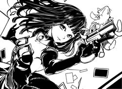  commentary_request female greyscale gun long_hair mardock_scramble monochrome rune_balot solo tagaya6592 weapon 