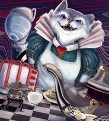  2018 alice_in_wonderland anthro beverage blue_eyes brown_body brown_fur cake clothed clothing container cup dessert detailed_background digital_media_(artwork) domestic_cat felid feline felis female food fur furniture glass hi_res insane laugh looking_at_viewer male mammal mock_turtle open_mouth phinja queen royalty scared sitting smile table tea tea_cup tea_party teeth tongue white_body white_fur 