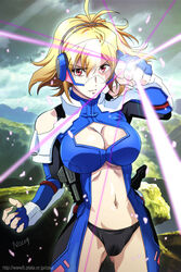  angelise_ikaruga_misurugi ass_visible_through_thighs blonde_hair bodysuit breasts cleavage commentary_request cross_ange female large_breasts looking_at_viewer midriff navel nolia red_eyes short_hair solo 