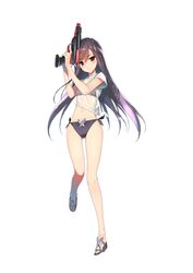  accel_world bad_link bikini black_bikini black_hair bug butterfly female full_body highres hima holding holding_water_gun kuroyukihime leg_up long_hair looking_at_viewer midriff navel official_art red_eyes sandals see-through shirt side-tie_bikini_bottom simple_background smile solo swimsuit tied_shirt water_gun wet wet_clothes wet_hair wet_shirt white_background white_shirt 