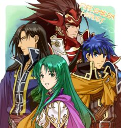  3boys absurdres armor blue_eyes blue_hair brown_hair cape cecilia_(fire_emblem) cosplay female fire_emblem fire_emblem:_path_of_radiance fire_emblem:_the_binding_blade fire_emblem:_the_blazing_blade fire_emblem_fates fire_emblem_heroes green_eyes green_hair greil greil_(cosplay) highres ike_(brave_mercenary)_(fire_emblem) ike_(fire_emblem) karel_(fire_emblem) kita_senri long_hair multiple_boys ryoma_(fire_emblem) white_armor yellow_eyes 