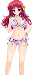  ass_visible_through_thighs bikini blush bracelet breasts female flower frilled_bikini frills hair_flower hair_ornament hair_ribbon halterneck hand_on_own_hip highres jewelry large_breasts navel official_art pink_eyes pink_hair prism_recollection! renjou_sayaka ribbon shintarou smile solo striped_bikini striped_clothes swimsuit transparent_background 