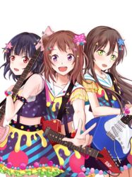  3girls absurdres bang_dream! bass_guitar brown_hair collarbone commentary_request cone_hair_bun cowboy_shot electric_guitar green_eyes guitar hair_bun hair_ears hair_ornament hanazono_tae highres holding hoshi_to_nishi instrument long_hair looking_at_viewer multiple_girls open_mouth purple_eyes purple_hair red_eyes sailor_collar short_hair smile standing toyama_kasumi ushigome_rimi v 