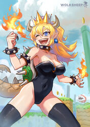  ass_visible_through_thighs blonde_hair bowsette bracelet breasts breath_weapon breathing_fire cleavage collar commentary_request covered_navel crown fangs female fingernails fire highres horns jewelry leotard long_fingernails long_hair mario_(series) new_super_mario_bros._u_deluxe open_mouth piranha_plant purple_eyes shell smile solo spiked_bracelet spiked_collar spikes super_crown tail thighhighs wolksheep 