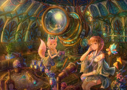  2girls ahoge animal_ears big_dipper black_legwear brown_eyes brown_hair camera chair commentary_request constellation cup detached_sleeves dress drinking_glass flower fox_ears fox_tail gloves hairband hand_on_own_face indoors kutsunohito looking_at_another looking_to_the_side multiple_girls night observatory open_mouth original pink_hair plant potted_plant red_eyes red_flower red_rose rose short_hair sidelocks single_glove sitting smile standing sundress table tail telescope thighhighs vines wine_glass wooden_floor zettai_ryouiki 