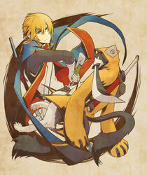  1boy animal_ears animal_hood blazblue blonde_hair cat_ears cat_hood collair_(cono) feline gloves green_eyes highres hood jin_kisaragi jubei_(blazblue) military military_uniform mouth_hold multiple_tails over_shoulder red_hair sheath sheathed short_hair sword sword_over_shoulder tail uniform unsheathing weapon weapon_over_shoulder white_gloves 