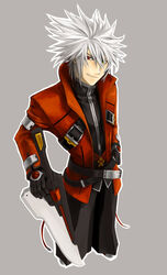  1boy belt black_gloves black_pants blazblue collair_(cono) foreshortening gloves green_eyes grin hakama hakama_pants heterochromia huge_weapon jacket japanese_clothes multiple_belts pants ragna_the_bloodedge red_eyes red_jacket smile spiked_hair sword weapon white_hair 