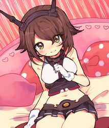  bad_id bad_pixiv_id brown_hair female gloves green_eyes hairband kantai_collection midriff mutsu_(kancolle) natsumi_(natumi06) pillow short_hair smile solo uniform 