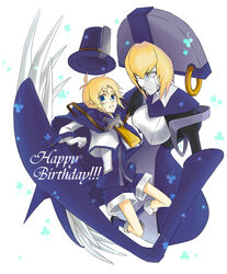  1boy android blazblue blonde_hair blue_eyes breasts cape carl_clover claws collair_(cono) glasses gloves happy_birthday hat large_breasts nirvana_(blazblue) round_eyewear short_hair shorts top_hat white_gloves zipper 