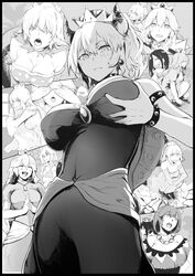  6+girls bad_id bad_twitter_id bowsette bracelet breasts chest_jewel collar commentary covered_navel crown dress earrings frilled_collar frilled_dress frills grabbing grabbing_another&#039;s_breast greyscale head_fuse horns jewelry long_hair luigi&#039;s_mansion mario_(series) monochrome multiple_girls new_super_mario_bros._u_deluxe peachette peachyboo princess_bob-omb princess_chain_chomp princess_cheep_cheep princess_goomba princess_king_boo princess_peach princess_piranha_plant princess_thwomp princess_toad sharp_teeth sphere_earrings spiked_bracelet spiked_collar spikes strapless strapless_dress super_crown syatey teeth turtle_shell 