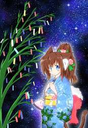  animal_ears bamboo blue_eyes blue_kimono brown_hair commentary diffraction_spikes female floral_print flower hair_flower hair_ornament hands_on_own_chest hands_up hydrangea_print japanese_clothes kimono kinchaku long_hair milky_way night night_sky obi original own_hands_together pouch sash sky smile solo star_(sky) star_(symbol) star_print starry_sky tail tanabata tanzaku tateneko yukata 