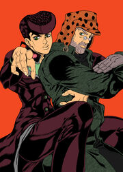  2boys beard black_hair coat collective-mind commentary_request derivative_work diamond_wa_kudakenai facial_hair father_and_son gakuran glasses gloves grey_hair hat higashikata_josuke hug hug_from_behind jojo_no_kimyou_na_bouken joseph_joestar joseph_joestar_(old) male_focus multiple_boys parody photoshop_(medium) pointing pompadour school_uniform standing 