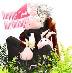  1boy black_gloves blazblue collair_(cono) field gloves green_eyes hakama hakama_skirt happy_birthday heterochromia jacket japanese_clothes rabbit ragna_the_bloodedge red_eyes red_jacket sitting skirt solo_focus spiked_hair white_hair 