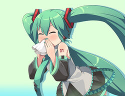  blowing_nose closed_eyes commentary_request detached_sleeves female green_hair handkerchief hatsune_miku headphones long_hair masuneko nail_polish necktie photoshop_(medium) solo thighhighs twintails very_long_hair vocaloid 