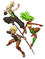  3girls abs amalia_sheran_sharm ankle_wrap armor arrow_(projectile) baggy_pants bandeau barefoot belt bodysuit boots bow_(weapon) braid breasts brown_eyes clenched_hands cleophee covered_navel cra_(wakfu) dark-skinned_female dark_skin earrings evangelyne_(wakfu) feet flower greaves green_eyes green_hair hair_flower hair_ornament highres jewelry long_hair midriff miniskirt multiple_girls pants pointy_ears ponytail rich_s sadida short_hair single_braid single_sleeve skirt sleeveless small_breasts soles thigh_boots thighhighs toes toned wakfu weapon 