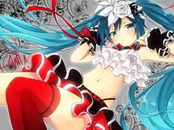  amane_(amnk1213) aqua_eyes aqua_hair bare_shoulders belt bless_you_(module) commentary_request female flower frilled_shirt frilled_shirt_collar frilled_skirt frills grey_background hair_flower hair_ornament half-closed_eyes hatsune_miku highleg highleg_panties long_hair midriff miniskirt navel nisoku_hokou_(vocaloid) panties project_diva_(series) project_diva_f_2nd red_panties red_skirt red_thighhighs rose shirt skirt solo thighhighs twintails underwear very_long_hair vocaloid white_flower white_rose zettai_ryouiki 