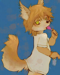  2012 5_fingers ambiguous_gender anthro anthrofied black_nose bottomless brown_body brown_fur candy canid canine clothed clothing dessert fingers fluffy fluffy_tail food fox fur hair holding_object kemono kunugi lollipop looking_at_viewer looking_back mammal multicolored_body multicolored_fur simple_background solo tail two_tone_body two_tone_fur two_tone_tail yellow_eyes young young_anthro 